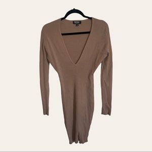 Tanned bodycon deep plunge dress